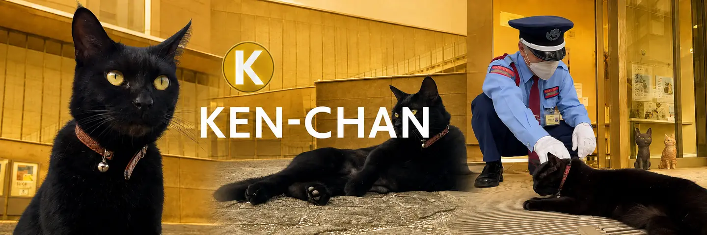 Golden banner artwork: Ken-chan the black cat wearing a leather collar with a bell, lying on the museum pavement, and a uniformed guard reaching out to him at the museum entrance.