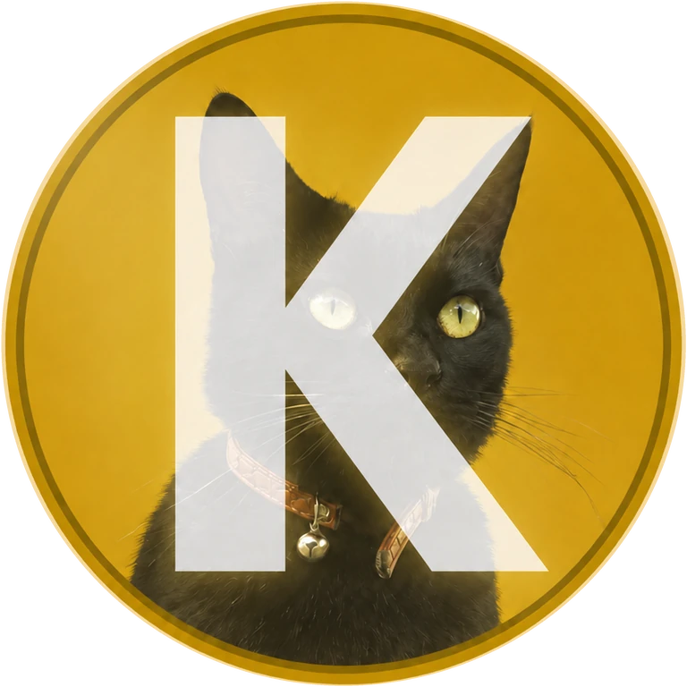 The $KENCHAN logo: a gold coin bearing a white letter K over a portrait of Ken-chan in his collar and bell.